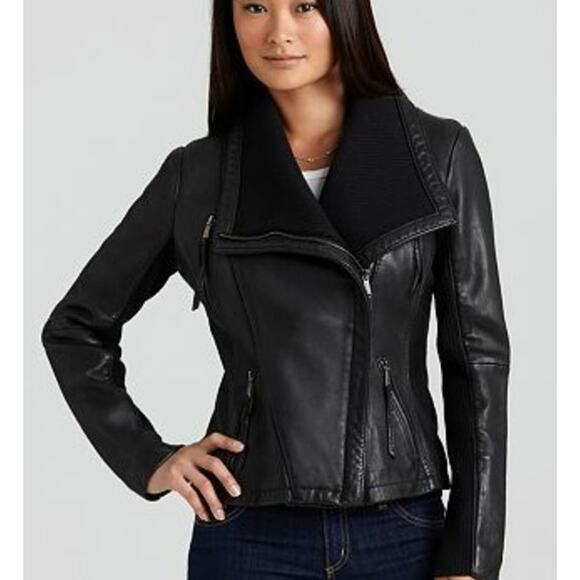 Michael Kors‎ Leather Moto Jacket Womens S Black Knit Wing Collar Biker Coat - Picture 1 of 13